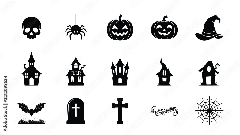Fototapeta premium Halloween vector icons set featuring spooky silhouettes and symbols