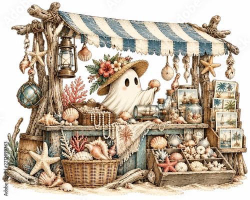 Whimsical coastal theme ghost illustration with seashell souvenirs under rustic beach canopy for artistic home decor and craft inspiration