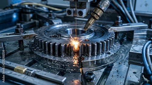 Industrial Wire EDM Machine Cutting Metal Gear with High Precision and Sparkling Effects in Factory