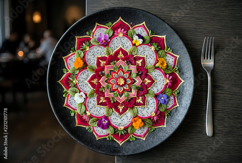 Luxury Culinary Menu Dragon Fruit Mandala Food Art With Gold Leaf