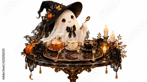 Whimsical Halloween kawaii ghost with witch's hat brewing autumn coffee drinks on Victorian ornate table for seasonal greeting card design