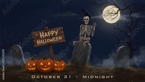 Halloween Party Card - Pumpkins And Skeleton In Graveyard At Night With Wooden Board, created with generative ai