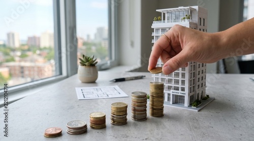 Mortgage Affordability Planning concept. Stacked coins increasing in height with a hand placing coins near a model building.