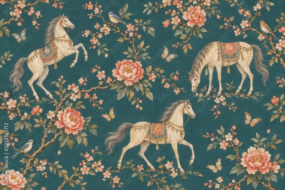 Fototapeta premium Vintage horses, peonies, birds, butterflies seamless pattern