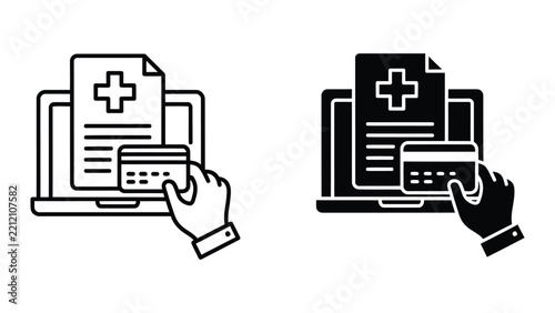 Online medical payment with laptop and credit card isolated on transparent background