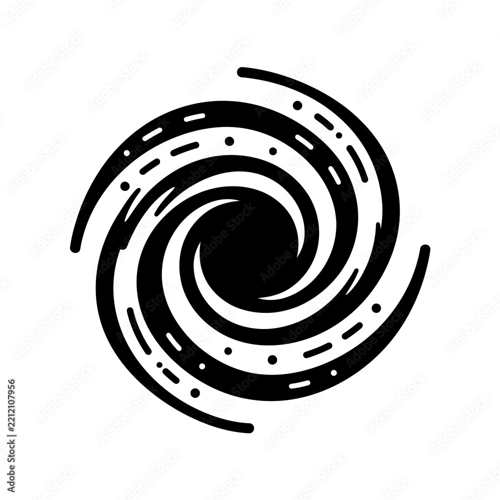 Fototapeta premium Cosmic spiral galaxy illustration featuring swirling vortex motion and stellar dust particles for astronomical science research exploration black vector art.