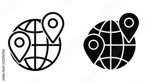 Globe with map location pins vector icon set for global navigation and travel apps