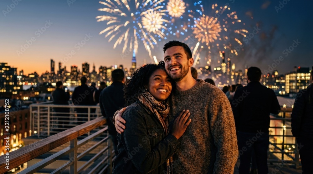 Fototapeta premium Happy couple embraces and smiles while enjoying a spectacular fireworks display over a city skyline at night