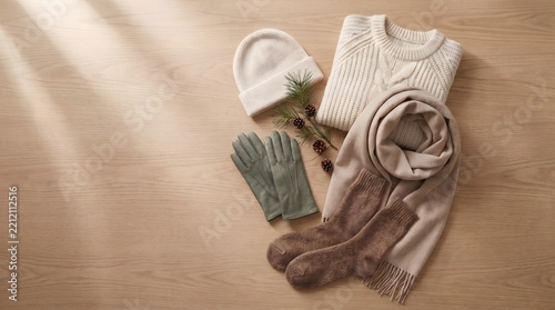 Flat lay of cozy baby clothing and winter accessories including a knitted sweater, booties, mittens, hat, and scarf on warm wooden flooring. Soft lifestyle photography style with natural textures