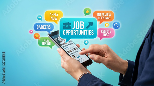 Professional job search concept with smartphone and career opportunities.