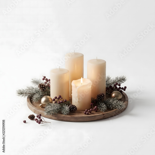 Cozy candle arrangement with white pillar candles, pinecones, evergreen branches, and berries on a rustic wooden tray. Photo holiday still life with soft natural lighting