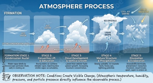 Atmosphere Process: Stages of Cloud Formation from Vapor to Precipitation