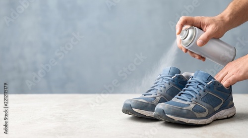 Hands spraying deodorant aerosol into blue worn sneakers to eliminate shoe odor with copy space
