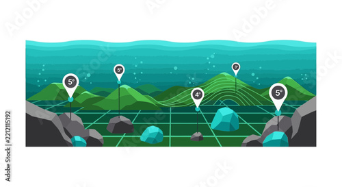 3D Underwater Topographic Map with Temperature Data Pins and Seafloor Grid Illustration