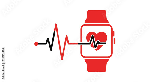 A smartwatch icon displaying a continuous pulse line and a health heart symbol. Minimalist flat design with no extra details. Energetic and healthy mood. Colors: Vibrant red, black, and white.
