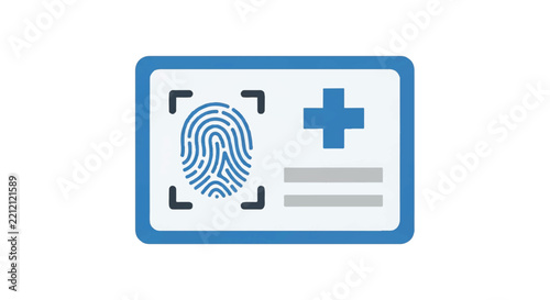 A digital ID card icon featuring a fingerprint scan and a medical cross, representing secure patient identification. Clean corporate style. Trustworthy mood. Colors: Steel blue, light grey, and