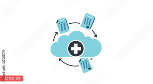 A minimalist cloud icon featuring a medical cross symbol in the center, surrounded by three floating digital document icons, representing cloud-based health storage, bright and airy mood,