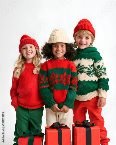 Three happy children wearing festive Christmas sweaters and hats with gifts
