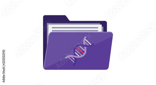 A digital document folder with a purple DNA double helix symbol on the front, representing genetic health records and digital archiving, minimalist flat vector artwork, clipart style, absolute