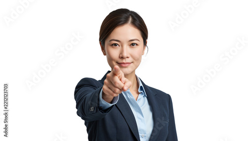 Confident Asian Businesswoman Pointing Finger at Camera for Recruitment and Success Concept