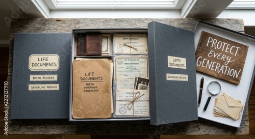 Family Archive Box Filled with Vintage Life Documents and Genealogical Records