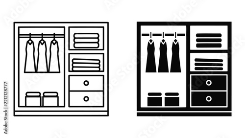 Open wardrobe cabinet with clothes in line and solid style isolated on transparent background