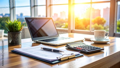 A laptop and calculator sit on a bright office desk at sunset.