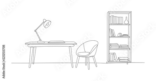 Continuous line drawing of a modern home office workspace with a desk, chair, and bookshelf