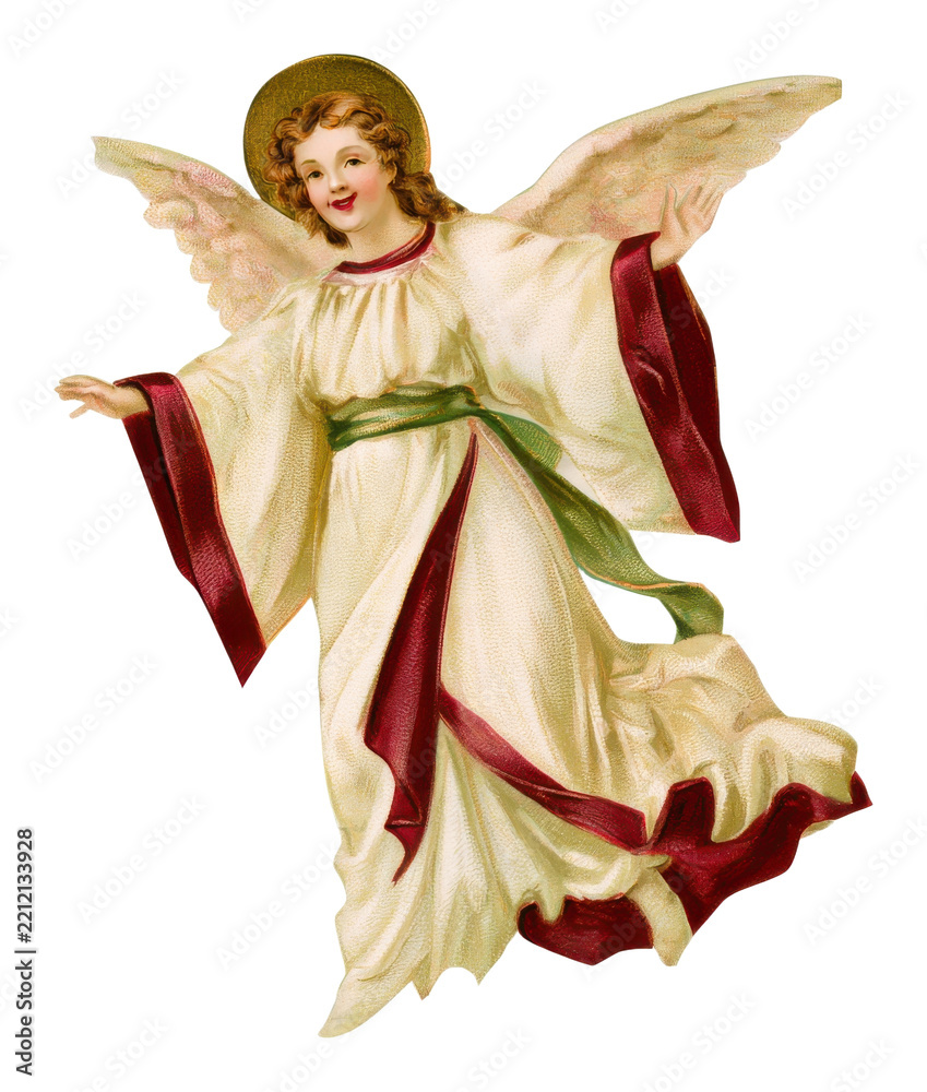 Fototapeta premium PNG Vintage Christmas angel illustration with wings and flowing robes