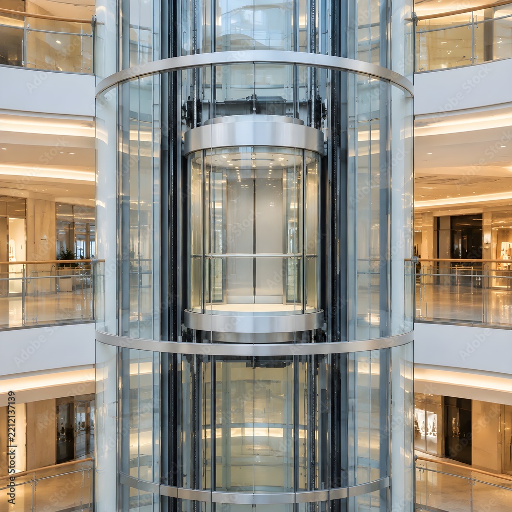 Naklejka premium Cylindrical panoramic glass lift shaft of a modern shopping mall seen from a walkway opposite