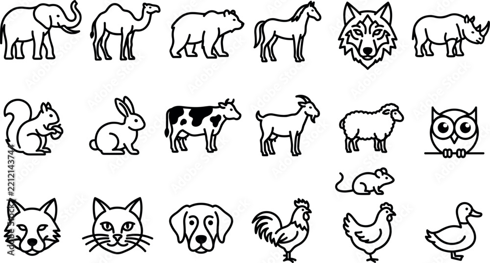 Obraz premium Domestic Farm Animals and Wild Creatures Line Icon Set Featuring Elephant Camel Bear Horse Wolf Cow Sheep Owl Cat and Dog Symbols for Educational Children Designs