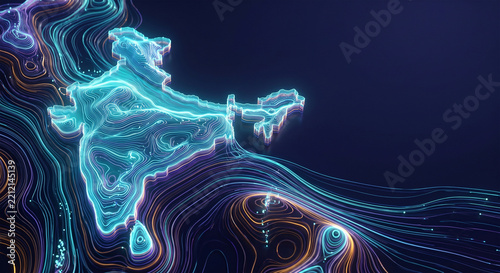 Abstract Digital India Map with Flowing Neon Lines, Glowing Data Streams and Futuristic Network Connections