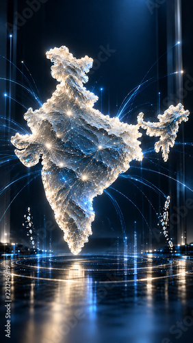 Futuristic Digital India Map with Glowing Blue Particles, Network Connections and Light Trails, Vertical Technology Visualization