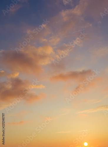 
Sun over horizon. Beautiful sunset, northern sky and sun over horizon