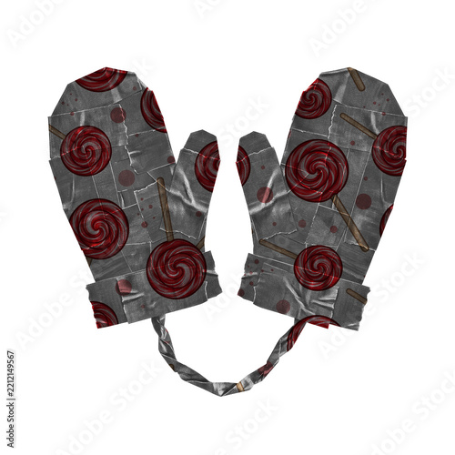 Fotografie Pair of winter mittens made of duct tape with a red lollipop pattern isolated on