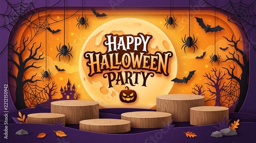 Happy Halloween Party Background with Wooden Product Podiums, Full Moon, Bats, Spiders and Spooky Trees in Paper Cut Style