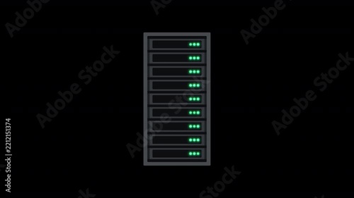 Online Green Server Rack with Three Status Lights Flickering, Transparent Background Loop