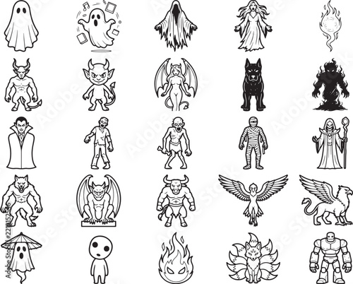 A collection of diverse supernatural creature illustrations, including ghosts, demons, monsters, and mythical beasts, presented in a clean, graphic style.