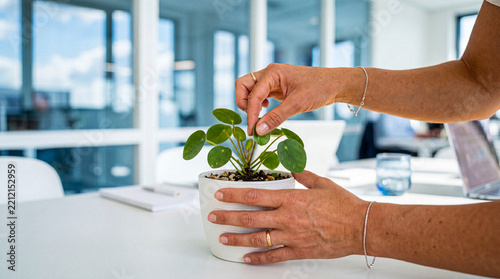 Person's hands tending small green potted plant on white office desk