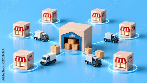 Logistics and supply chain management concept with a central warehouse block distributing boxes via delivery trucks to retail branch stores.