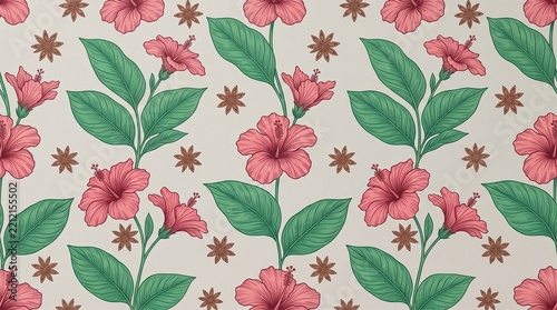 Pink Hibiscus Flowers Green Leaves Pattern on Light Background Floral Design