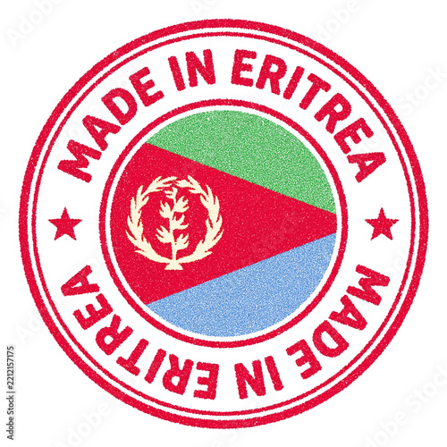 Made in Eritrea red ink rubber stamp design with circular border and national flag icon for verifying manufactured goods and trade origin.