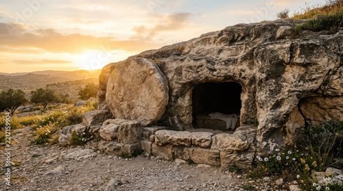 An ancient rock cut tomb with a rolling stone door open at sunrise representing the resurrection story for Easter