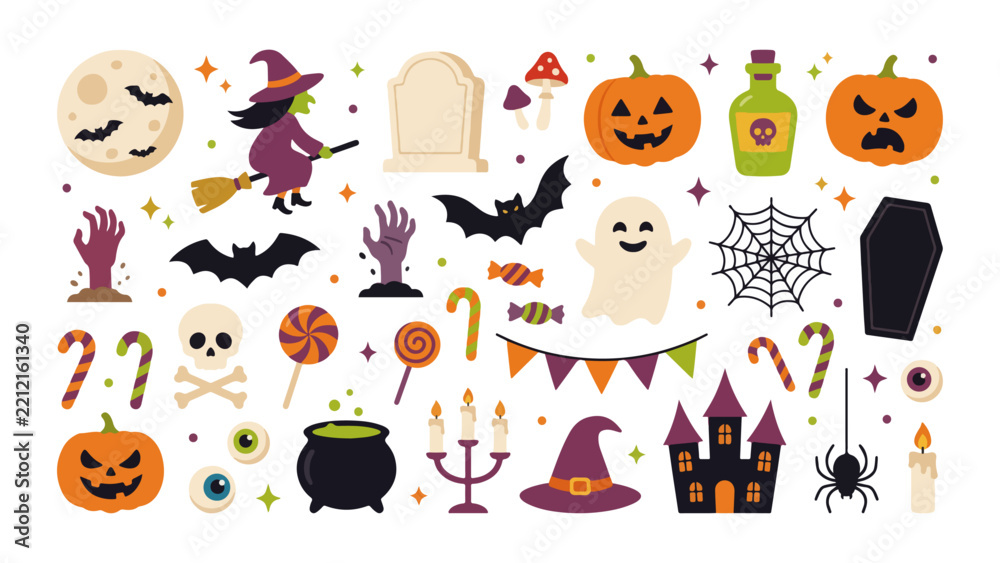 Obraz premium Halloween Seamless Pattern with Witch Pumpkin Bat and Haunted House Vector