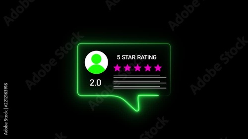 Neon Green Speech Bubble with User and Five Star Rating Displaying 2.0 Score on Black Background with Glowing Outline and Stars