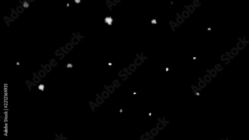 Falling snow particles animation on a black background featuring soft white snowflakes in different sizes and depths suitable for winter, overlays and snowfall effects