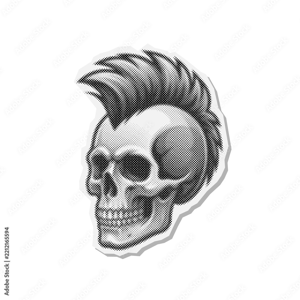 Fototapeta premium Graphic Illustration of a Skull with a Mohawk in Halftone Style. Additional Visible Detail Includes Sticker.