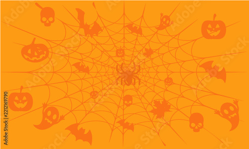 Spooky Halloween spiderweb background, orange party holiday design, creepy web pattern with pumpkins ghosts and bats