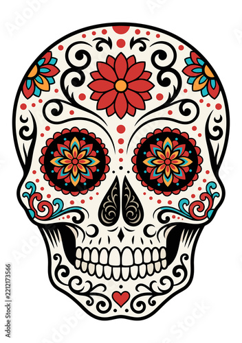 Ornate sugar skull vector illustration with floral eyes and elaborate scrollwork