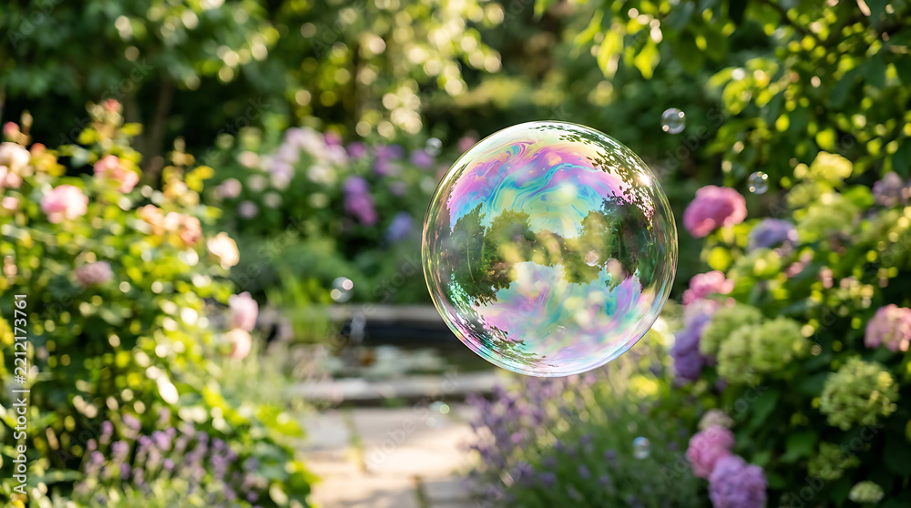 Fototapeta premium Floating iridescent soap bubble showing vibrant rainbow colors with delicate spherical shape outdoors